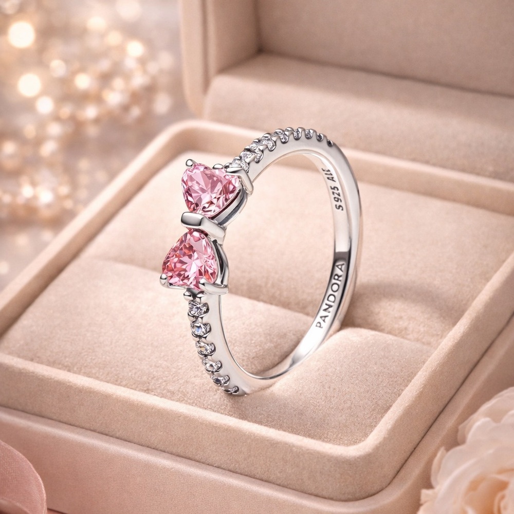 Pandora Silver Pink Bow Ring Size 7